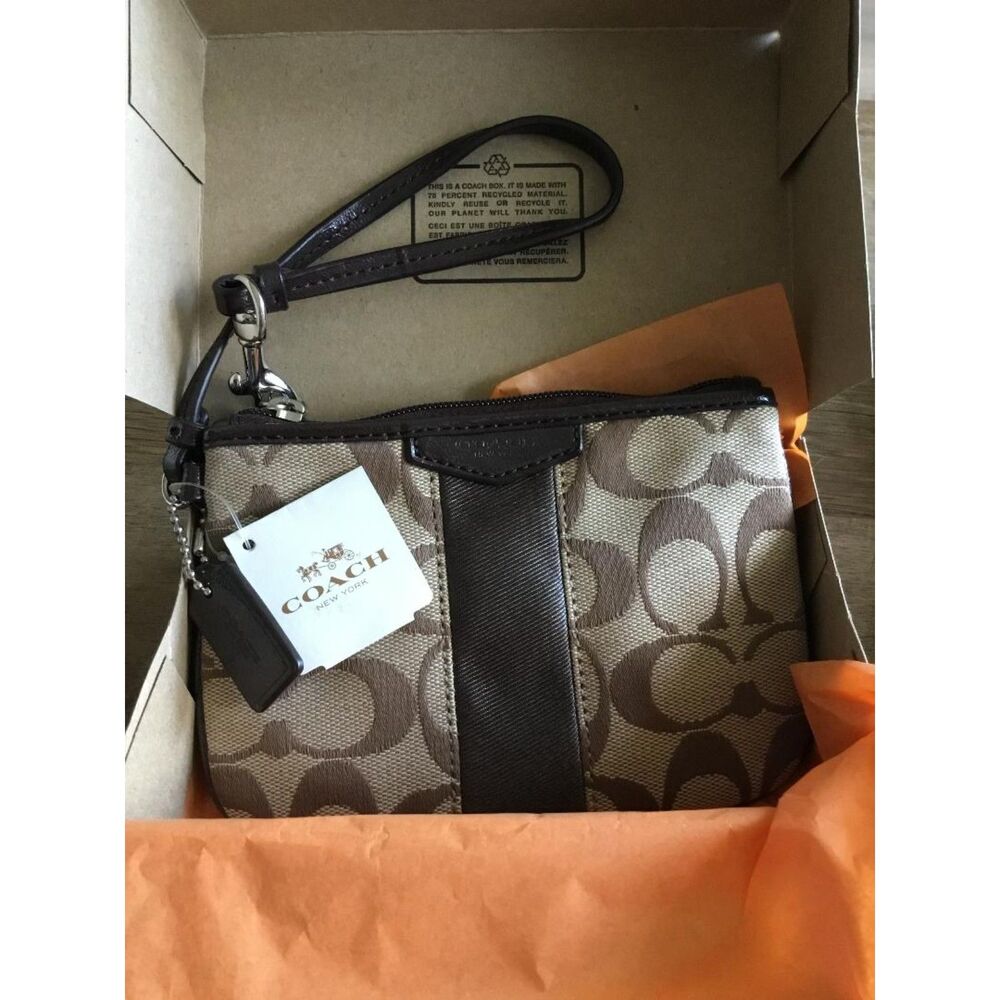 Coach Dark Brown Signature C Stripe Jacquard Wristlet NWT in Coach Box